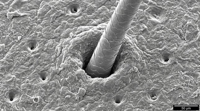 Scanning electron microscope view of a single hair emerging from a skin follicle pore