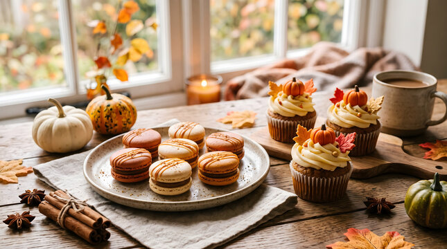 Cozy autumn tea time with macarons and pumpkin cupcakes by the window.〈窓辺でのマカロンとパンプキンカップケーキの心地よい秋のティータイム〉