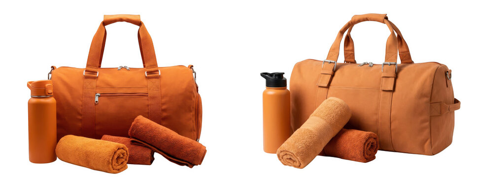 Set of orange gym duffel bags with water bottles and rolled towels isolated on transparent background