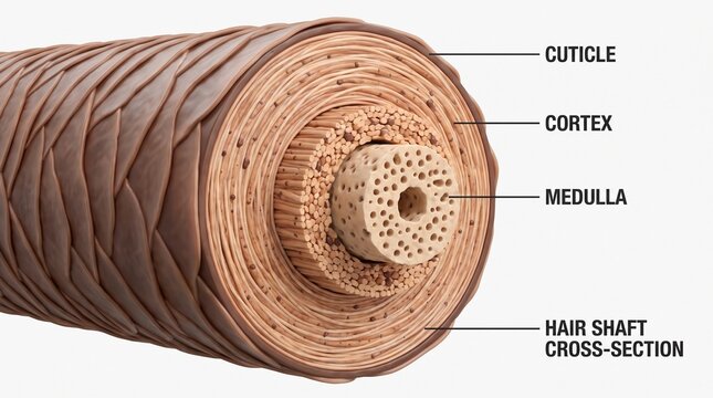 Detailed cross section of a hair shaft showing cuticle cortex and medulla microscopic layers