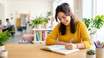 Young woman smiling and writing in notebook celebrating International Left-Handers Day