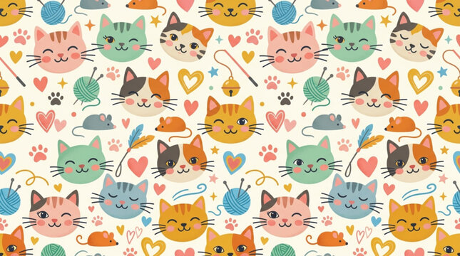 Cute cartoon cats and kittens playful pattern with hearts