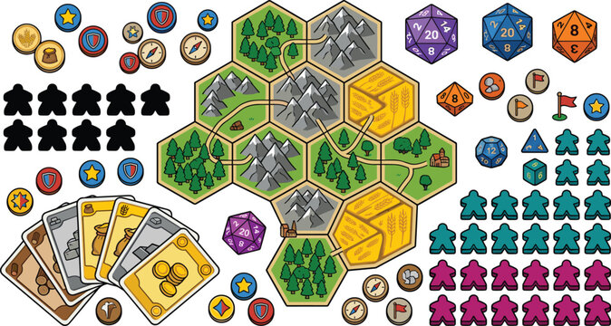 Tabletop board game vector illustration element set with hex map tiles polyhedral rpg dice meeples playing cards tokens and strategy gaming icons