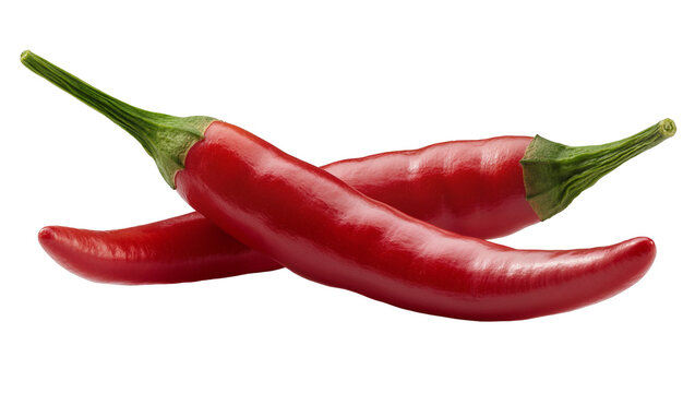 Two bright red chili peppers with green stems