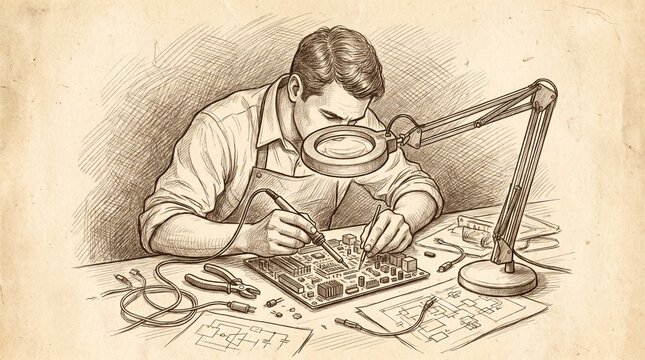 Engraved illustration of a technician using a magnifying glass for circuit board repairs with electronics magnifying technician soldering technology engineer engraving maintenance industry