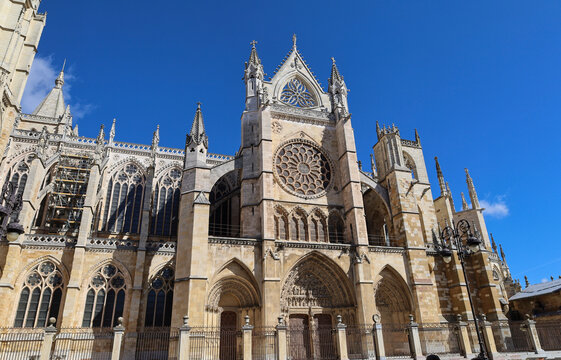 West front of The Cathedral of Leon (Saint Mary of Regla) in Leon city, Spain