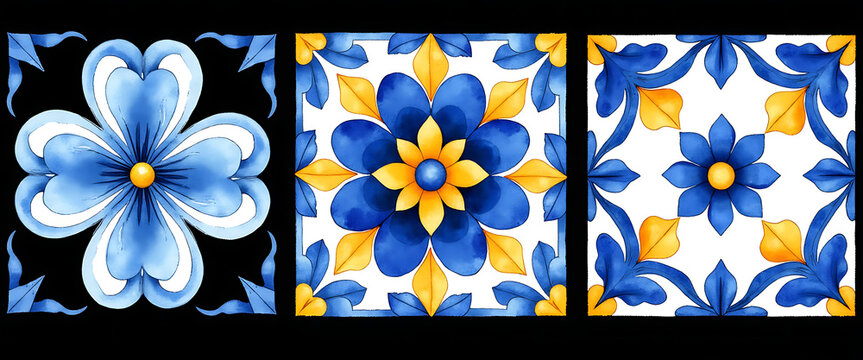 Beautiful blue and yellow floral patterns on black and white backgrounds.