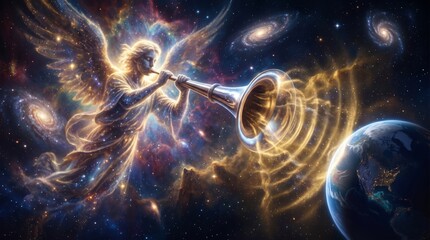 Fototapeta premium Angel playing gold trumpet in deep space near planet Earth. Celestial divine being blowing horn among stars and galaxies. Spiritual religious concept, apocalypse and creation theme.