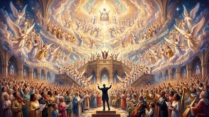 Fototapeta premium Jesus Christ sitting on a heavenly throne surrounded by angels and a large choir praising him in a cathedral. Religious scene representing salvation, worship, faith and hope for eternity.