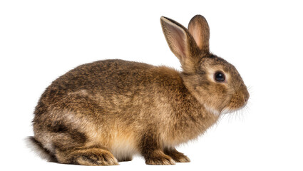 Fototapeta premium Brown rabbit with long ears sitting on white