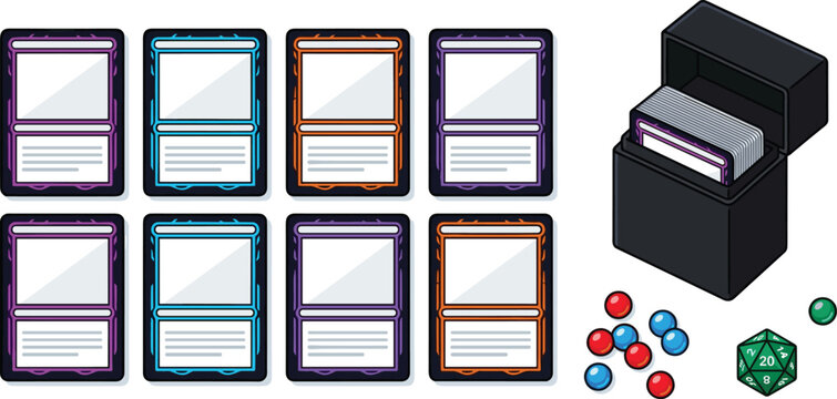 Trading card game template vector illustration set featuring blank ccg frames deck box polyhedral d20 die counters and tcg accessories elements