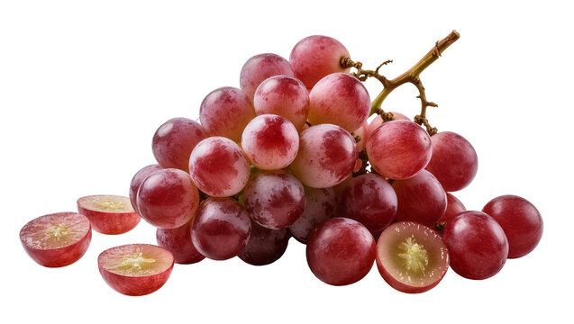 Red globe grapes cluster with cut halves showing seeds and pulp