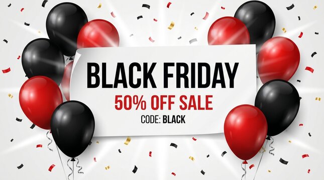 Black friday sale banner with red and black balloons and confetti isolated on white background
