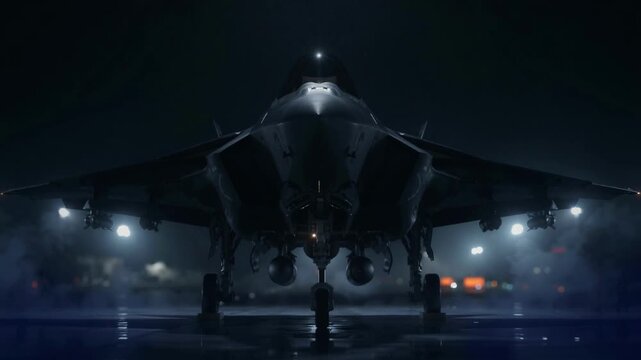 Military Fighter Jet Landing at Night under Dramatic Dark Sky Cinematic Shot