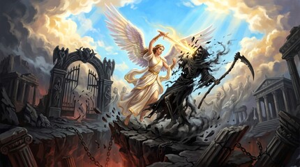 Fototapeta premium Woman angel with wing fighting grim reaper with sword. Epic battle between light and darkness in fantasy world. Concept of good versus evil, spiritual struggle and eternal life victory.