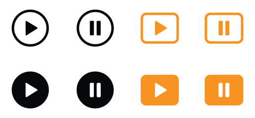 Media player control icon set with play pause and stop buttons in flat line and solid circle styles for interface. Play and pause button icons in various styles and colors for media controls.  © Jannat