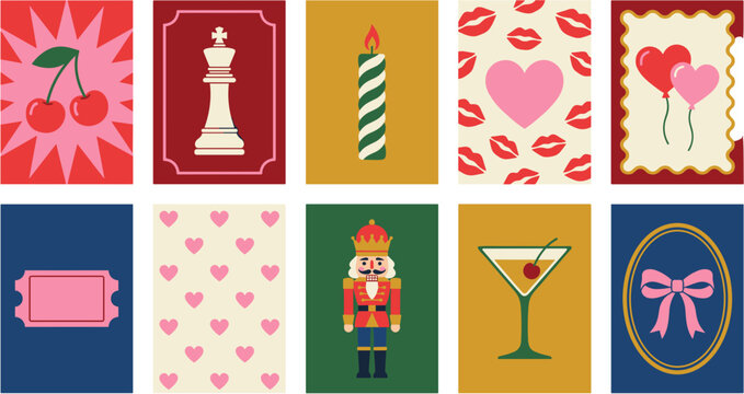 Collection of ten colorful retro style playing card illustrations with various icons and symbols.