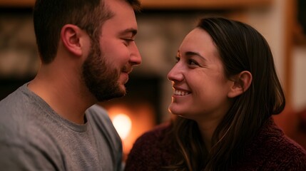 Fototapeta premium A joyful moment of connection captured as two people share a deep emotional gaze in a cozy fireside nook