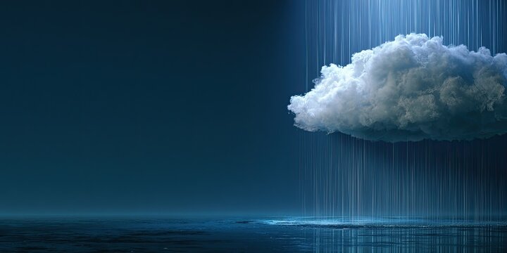 Fluffy white cloud rains onto dark, reflective surface under a deep blue sky