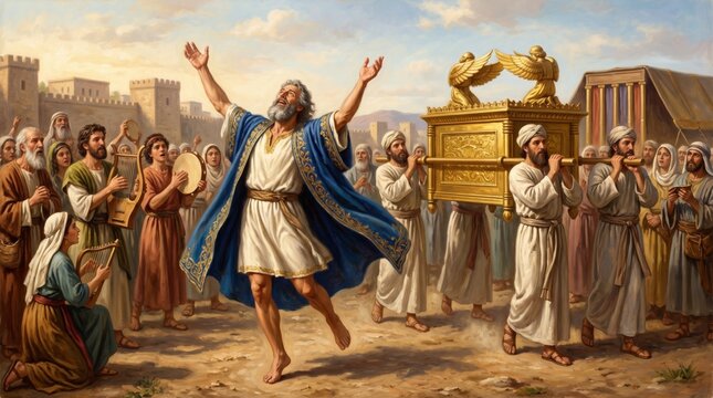 King David dancing before the Ark of the Covenant. Ancient Israelite celebration with musicians and priests transporting sacred gold relic. Biblical historical scene and religious worship.