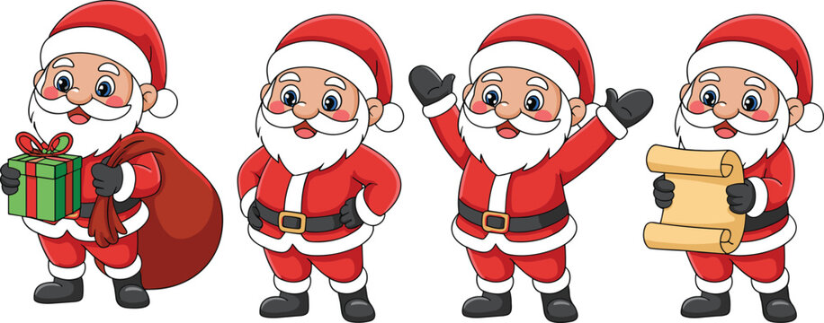 Cute cartoon Santa Claus character set in different poses with Christmas gifts scroll list and sackCute cartoon Santa Claus character set in different poses with Christmas gifts scroll list and sack
