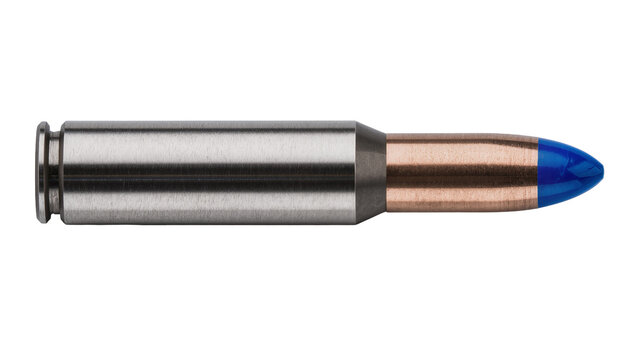 Metallic bullet with blue tip and copper casing
