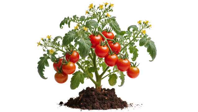 Ripe red cherry tomatoes growing on a green plant with yellow flowers