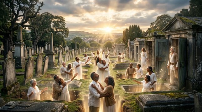 Man and woman rising from grave in cemetery at sunrise. Biblical resurrection of believer in heaven. Spiritual awakening and eternal life concept. Religious scene of souls ascending.