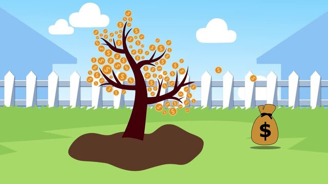 Money tree in a suburban yard, Cartoon money tree with coins growing in a yard with fence houses and sky animation