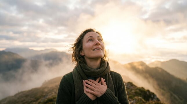 Crying woman holding hand on chest while looking at sky during sunrise in mountains. Emotional moment of gratitude, relief, hope, faith, and spiritual connection with nature. Portrait.