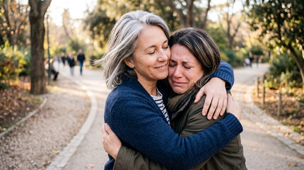 Fototapeta premium woman embrace friend support silver hair running comfort relief care closeup emotional scene about woman rushing into an emotional embrace with friend after difficult news or reunion for grief support