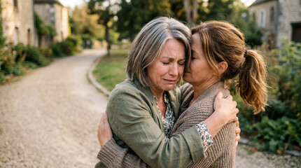 Fototapeta premium woman embrace friend support silver hair running comfort relief care warm support concept about woman rushing into an emotional embrace with friend after difficult news or reunion for grief support