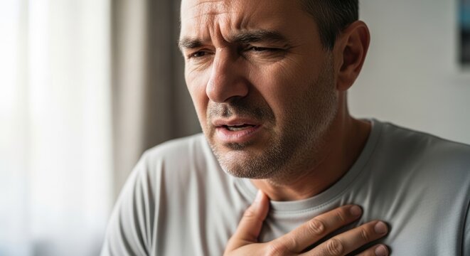 Man experiencing chest pain, indicating heart disease symptoms, medical condition, and the need for cardiac care and prevention strategies for health support