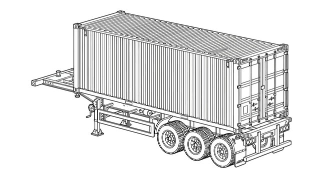 Black and white line drawing of a semi trailer truck with a cargo container.