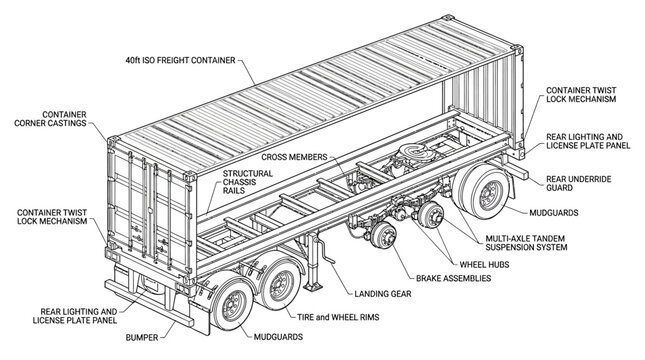 Technical diagram showing the structural components of a shipping container trailer chassis.