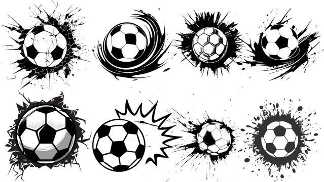 Black and white soccer ball graphics with dynamic splashes and explosion effects