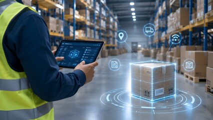 Fototapeta premium Warehouse worker using a tablet to manage inventory with digital overlay in a modern logistics facility