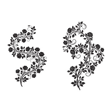 Black Rose Floral Corner Ornament Collection with Curved Botanical Vine, Elegant Vector Clipart for Craft and Branding