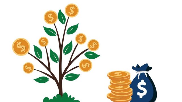 Flat animation of a money tree with coin fruits, stacked coins and a cash bag business growth savings and profit concept, Money tree with coins and cash bag animated