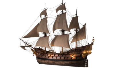 Antique wooden sailing ship with full sails and lanterns © Emma