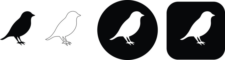 Fototapeta premium Collection of four bird in black and white, featuring a small bird standing in silhouette, outline, and button styles