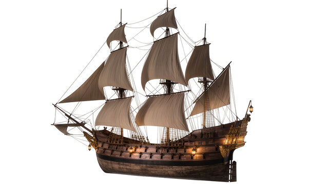 Antique wooden sailing ship with full sails and lanterns