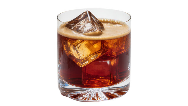 Glass of dark soda with ice cubes and foam