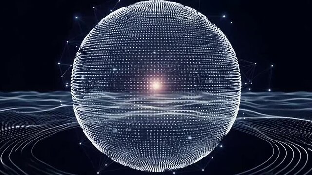 A glowing digital sphere floats above a complex network of abstract data waves