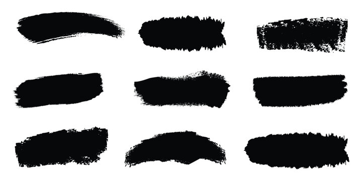 Brush strokes set with textured black paint swipes, rough edges, grunge ink marks, and abstract banner shapes.