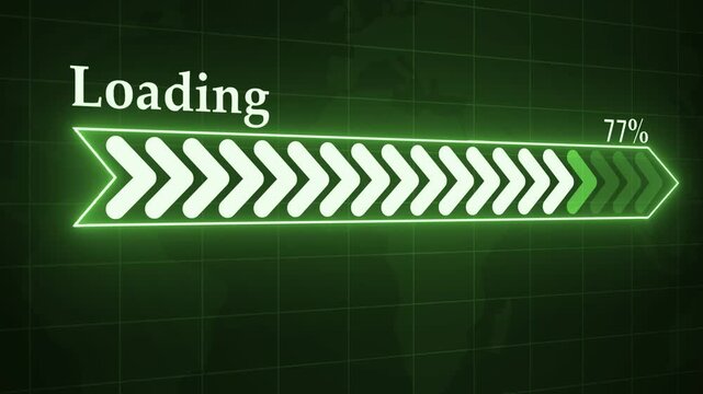 Glowing loading progress bar percentage on a dark digital background animation, showing a technology interface with arrows and a simple futuristic design