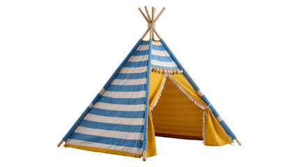 Blue and white striped teepee tent with yellow interior and pom pom trim © Emma