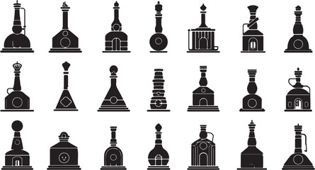 Collection of black and white chess pieces and trophies. © ulvaamelia