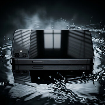 Waterproof Smartphone Submerged in Dark Water with Reflections.