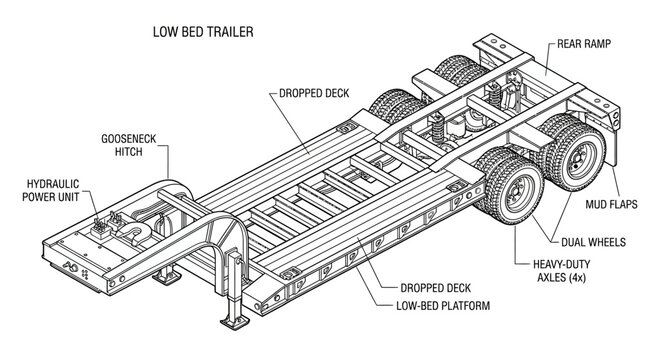Technical diagram of a low bed trailer with labeled components and parts.